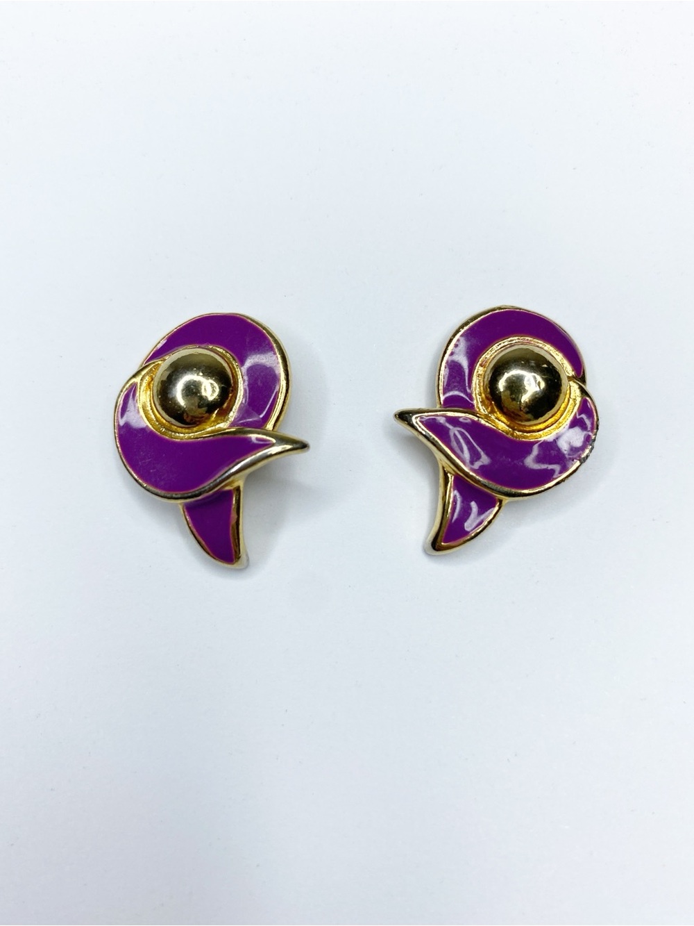 Vintage 1980s Abstract Purple Enamel Gold Tone Statement Earrings